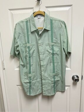 Blue Quail Green Checkered Button Down Guayabera Shirt